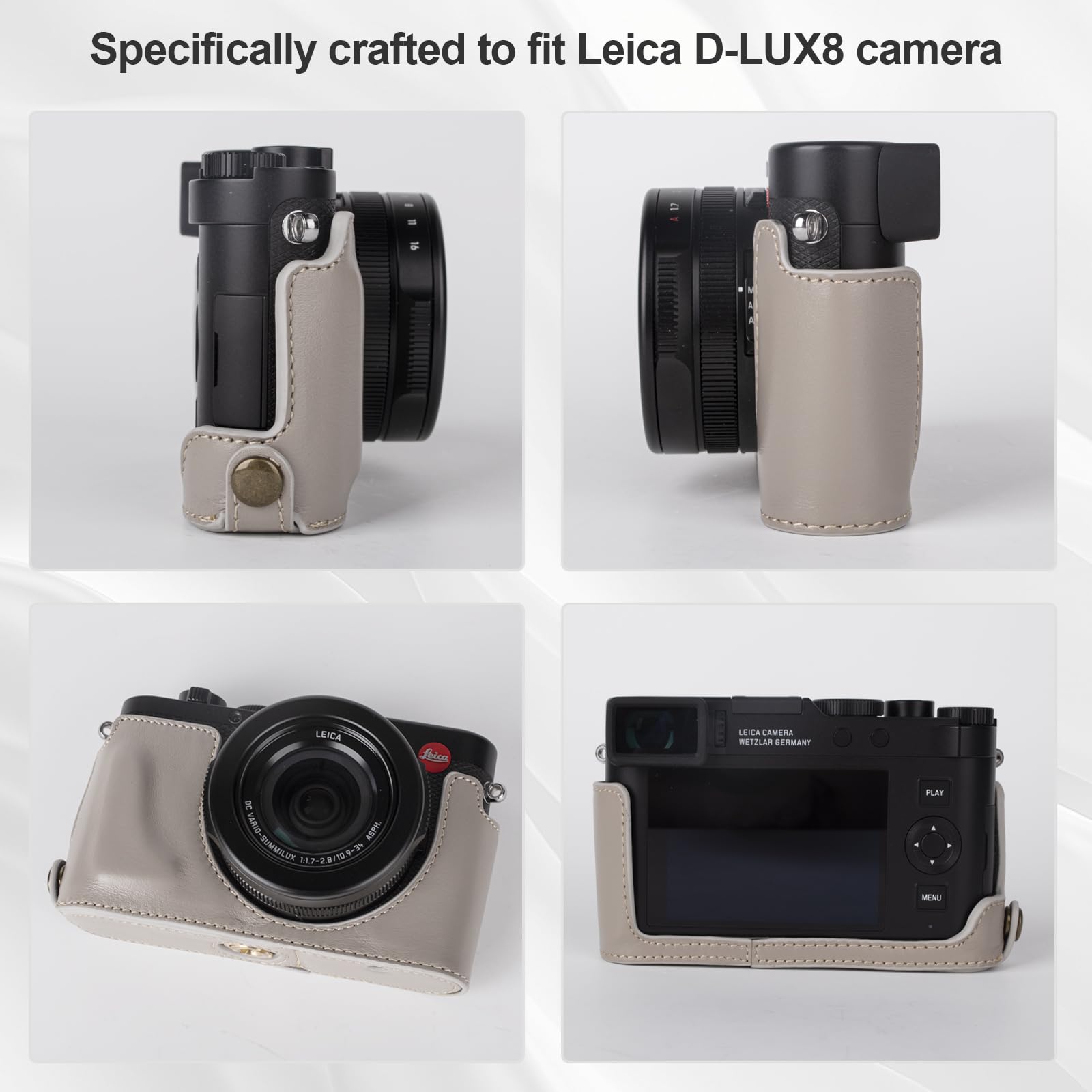 Rieibi Custodia per fotocamera in vera pelle fatta a mano per Leica D-LUX8, mezza custodia per Leica DLUX8 custodia con copriobiettivo anteriore e tracolla