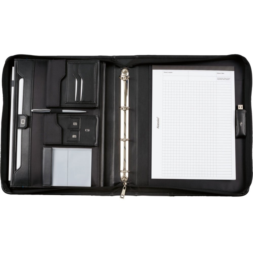 Alassio 30115 Salerno - Carpeta organizadora (tamaño DIN A4, Piel sintética, 36,5 x 30 x 7,5 cm, con Compartimento Acolchado para Tablet), Color Negro