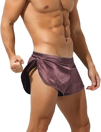 Rexcyril Mens Boxer Jockstrap Sexy Underwear, Silky Satin Split Side Gym Running Active Shorts