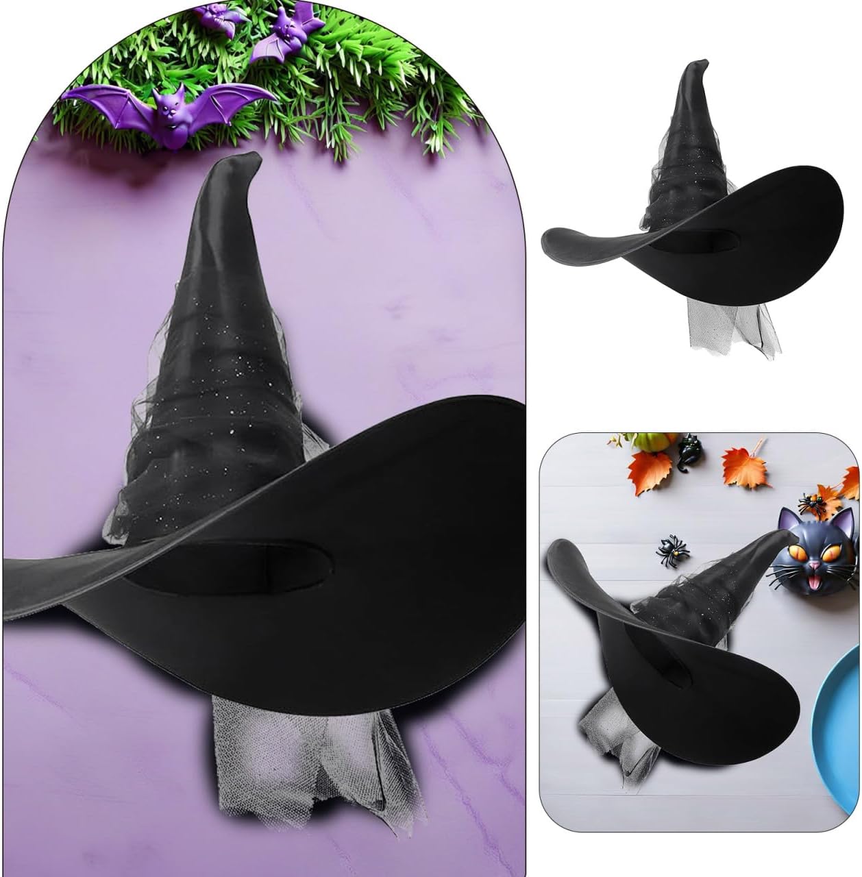 UKCOCO Black Witch Hat for Women, Pleated Mesh Gothic Wizard Cap with Veil