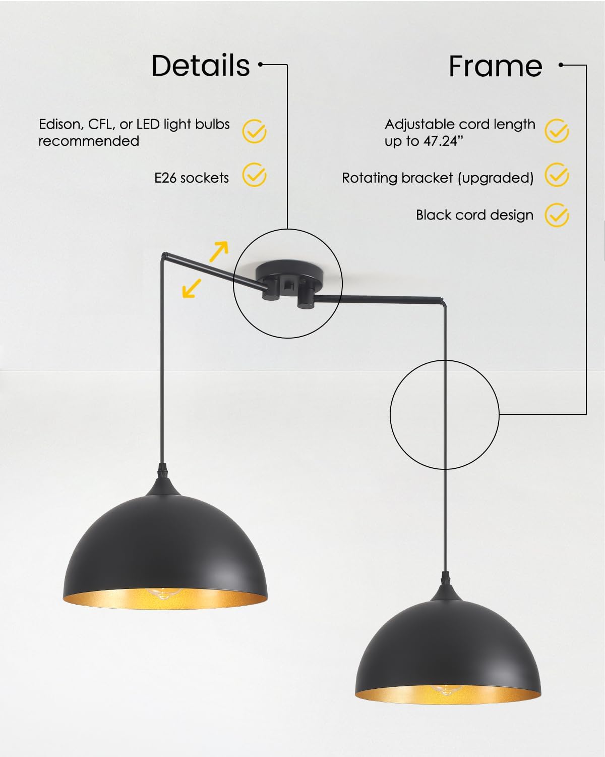 Black Pendant Lights Kitchen Island 2-Light, Black Dome Pendant Light, Kitchen Island Lighting, Dining Room Light Fixture, Island Pendant Lights for Kitchen, Dining Room, Bar, Cafe
