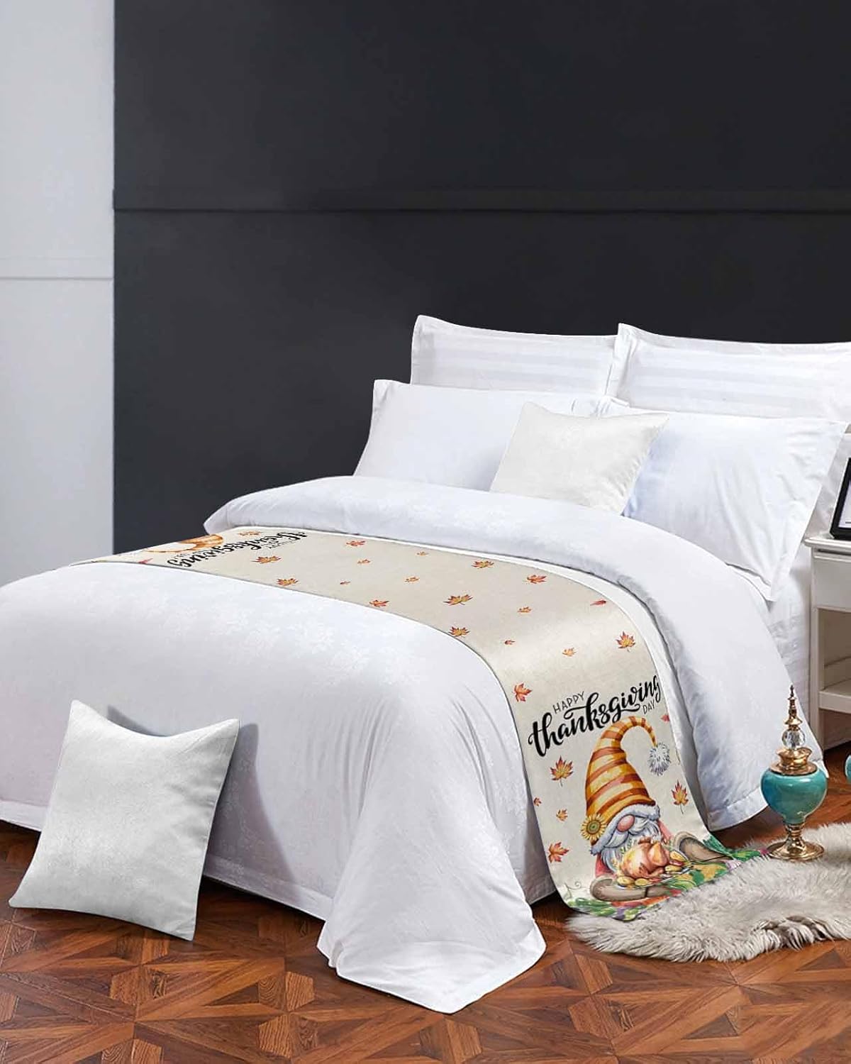 Thanksgiving Bed Runner Scarf Happy Thanksgiving Day Gnome with Turkey Fruit Fall Floral Bedding Scarf Decorative Bed Runner for Bedroom Hotel Wedding Room Bed Scarf for Foot of Bed Full 83x20in