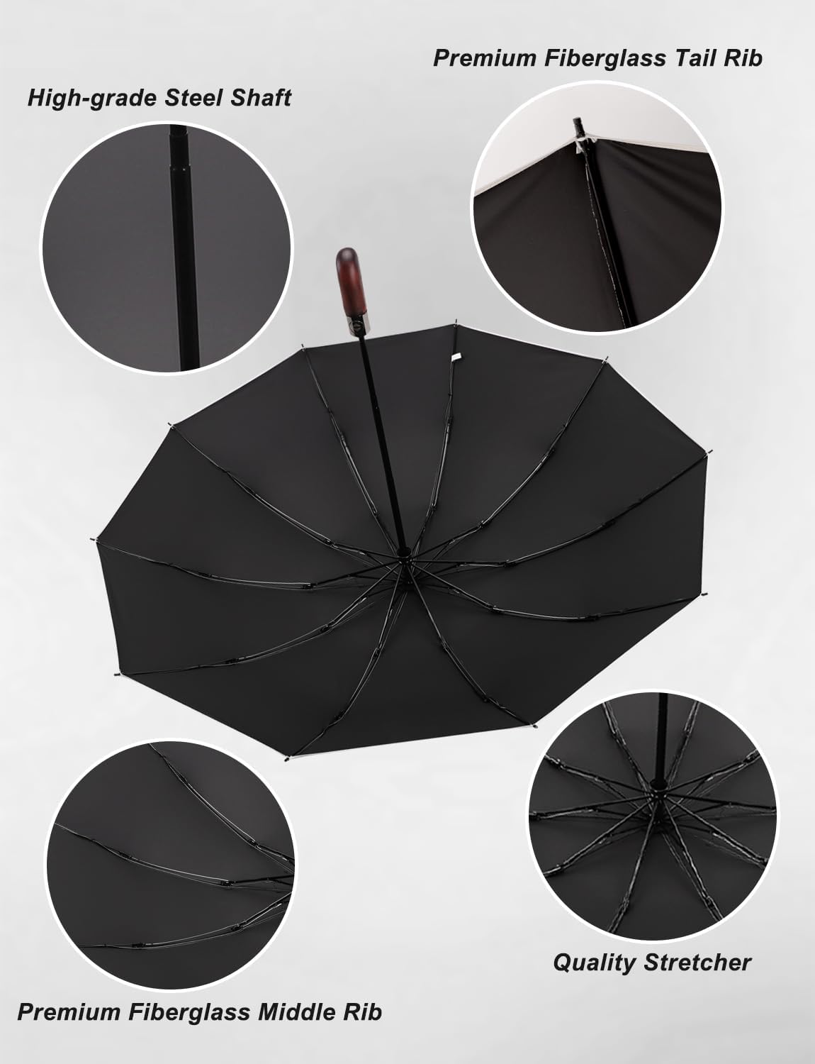 Windproof Portable Folding Umbrella 10 Ribs Double Glass Fibre Windproof Frame Automatic Opening and Closing Umbrella For Men Wood Handle British Style