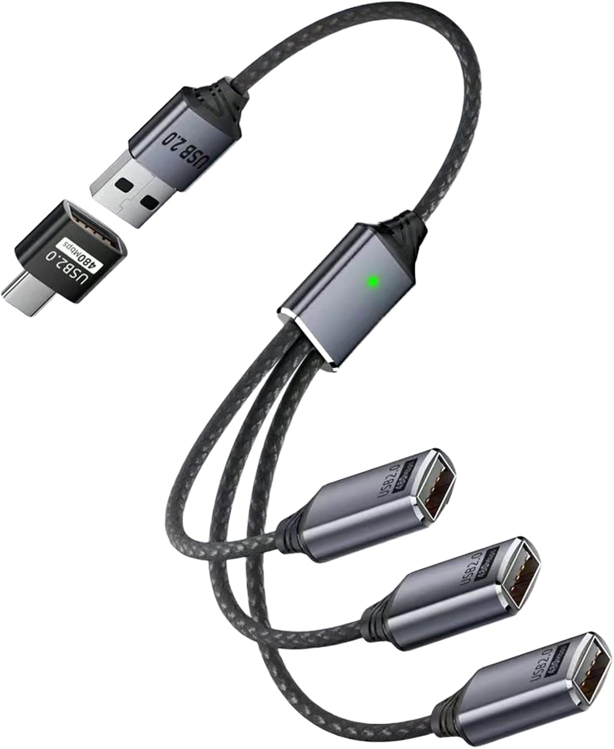 Danfetsoy USB Splitter 1 in 3 Out, USB Y Splitter 1 Male to 3 Female Charging Cable & Type C Male to Type A Female Adapter Converter for Laptop, PC, Computer, Mac, PS5, Xbox, Keyboard, 25cm