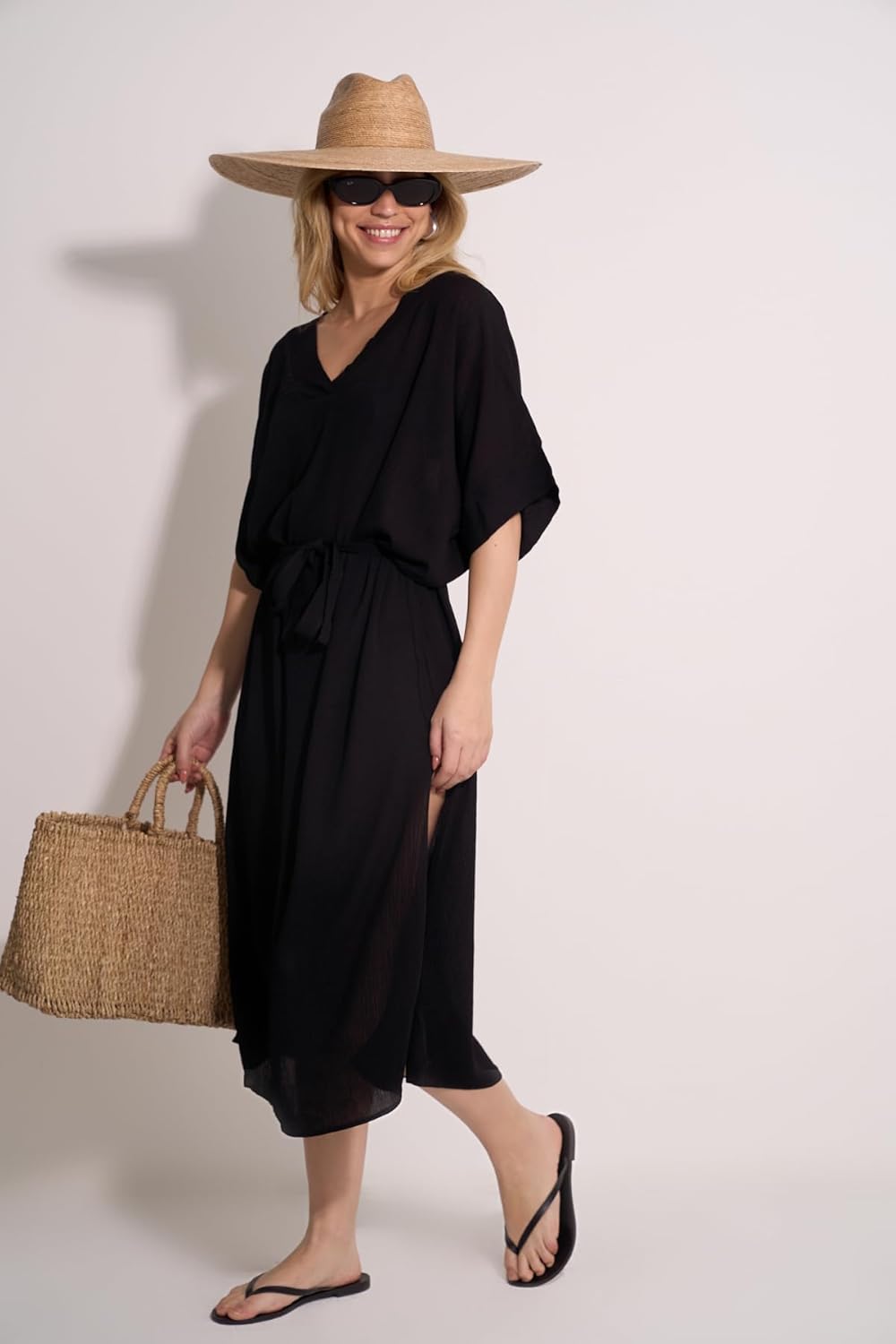 Gottex Women's Beach Life Classic Cover-Up Robe-One Size Fits Most, Long Sleeves, Midi Length with Side Slits