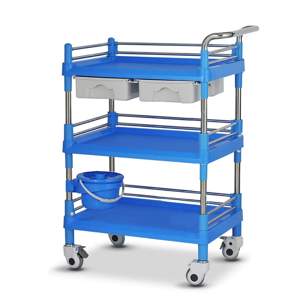 Carros Móviles, Carro de la Sirviendo de Hogares de 3-Estante de 3 Estantes con 2 Cajones de Abs, Laboratorio de Spa de Belleza con Ruedas de Freno Cubo de Suciedad/Blue/64 * 44 * 100Cm