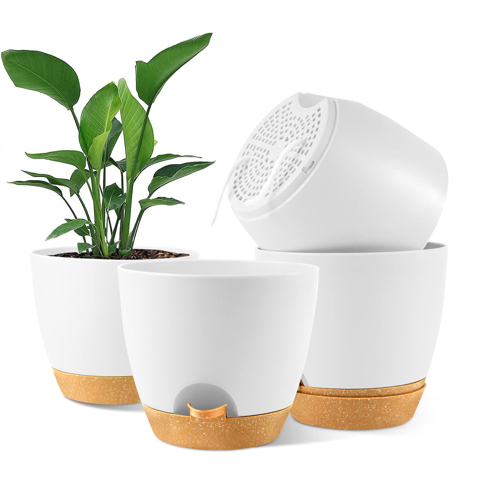 NIUXUAN 20CM Plant Pots, 4PCS Plastic Plant Pots, Self Watering Planters with Drainage Holes and Deep Reservior for Indoor Outdoor Plants, Small Plants&Flowers as Cactus, Orchid, Succulent