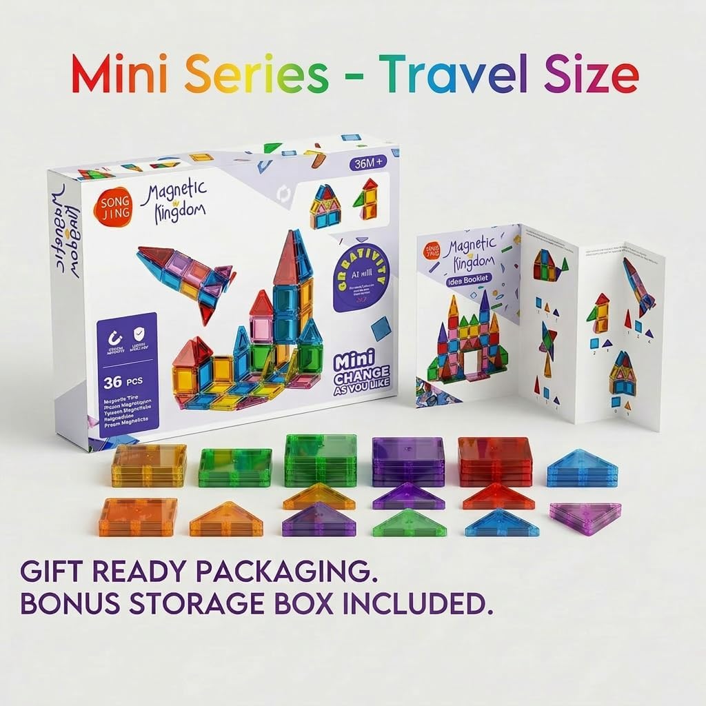Mini Magnetic Tiles for Kids, Travel Friendly Magnetic Building Blocks for Toddlers, Portable STEM Educational Toys, Small Magnet Tiles Construction Set,Montessori Sensory Toys Gift Set-36Pcs