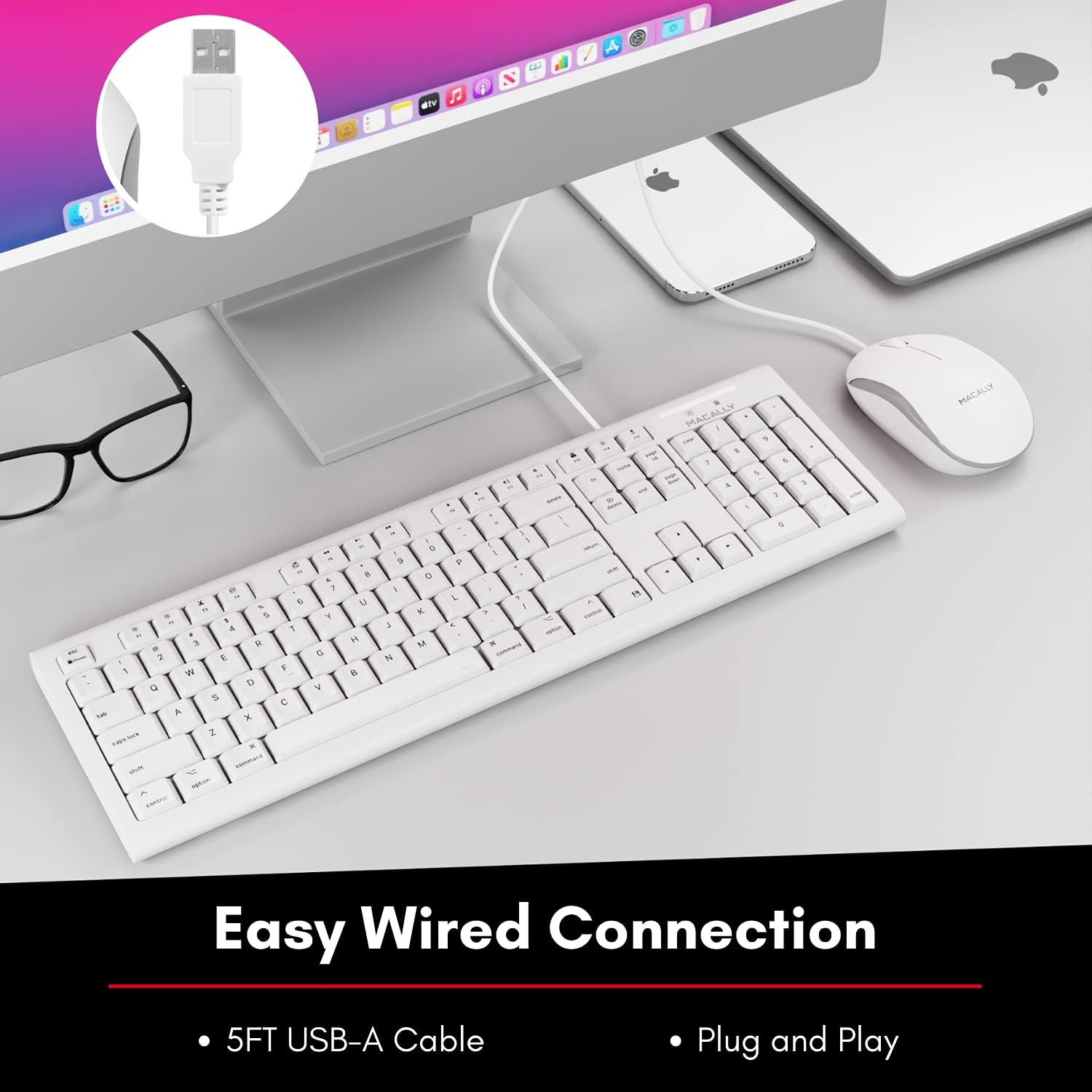 Macally Full Size USB Wired Mac Keyboard and Mouse Combo - Compatible Ergonomic Apple Keyboard and Mouse with Mac Shortcuts and Number Keypad for Mac Mini Pro, iMac Computer, MacBook Pro Air Laptops