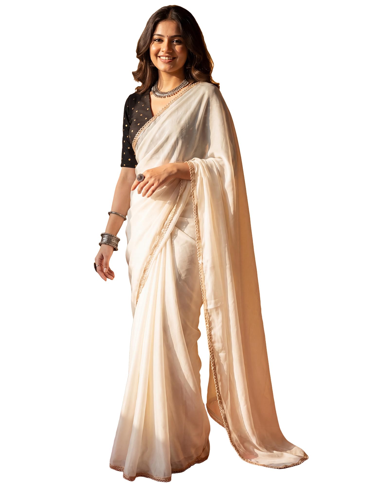 akhilam Women's White Georgette Zari Border Lace work Saree With Unstitched Blouse Piece|Georgette Saree|Georgette Saree for Woman|(ASHNA1001_RR)-picture-24