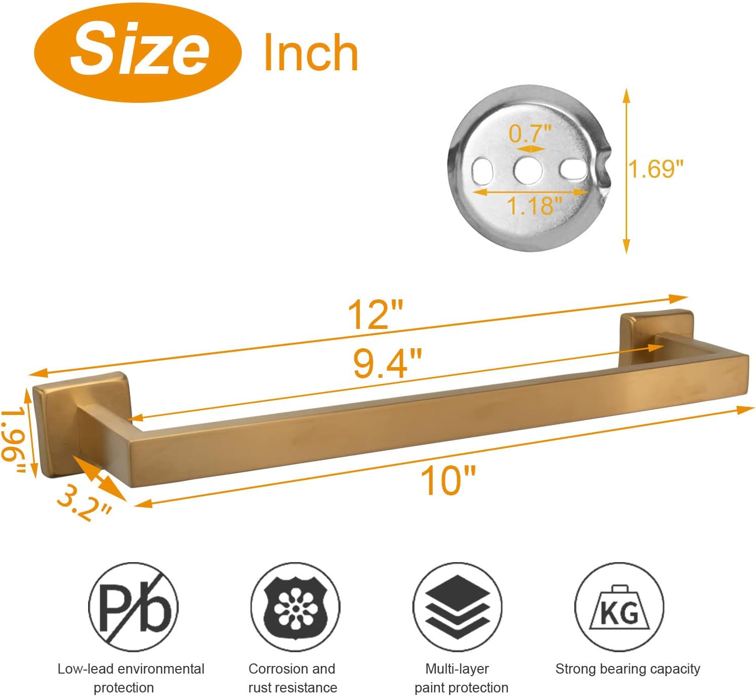 TocTen Bath Towel Rack - Square Base Thicken SUS304 Stainless Steel Towel Bar for Bathroom, Bathroom Accessories Towel Rod Heavy Duty Wall Mounted Towel Holder. (Brushed Gold, 12) Brushed Gold 12