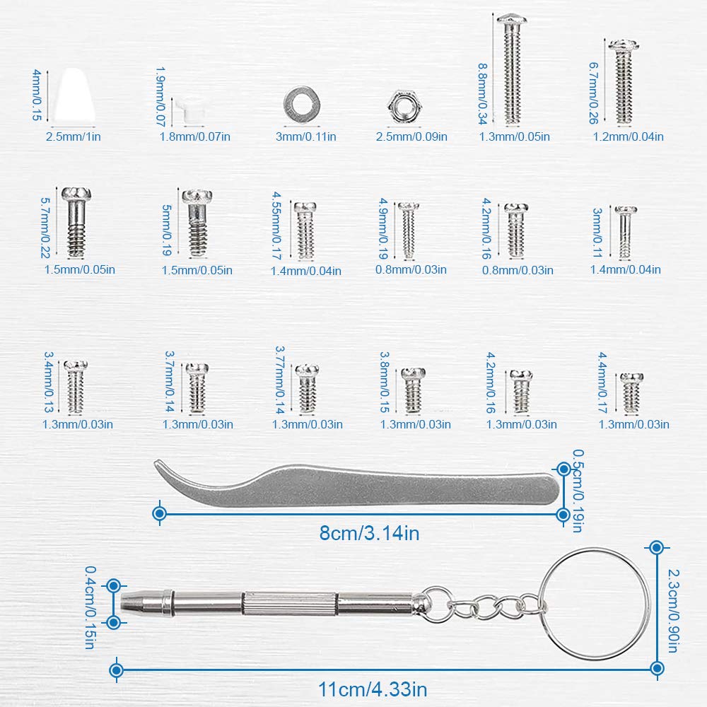 MMOBIEL 1000 pezzi in acciaio inox, micro viti, dadi, rondelle, occhiali da sole, set di riparazione con cacciavite e pinzette in metallo