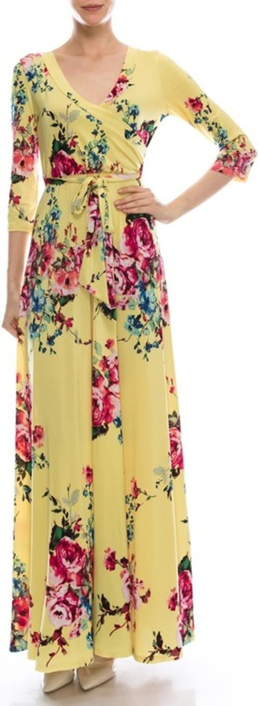 Women's Super Stretchy Maxi Party Dress Spring Floral Print Faux Wrap 3/4 Sleeve V-Neck - Image 2
