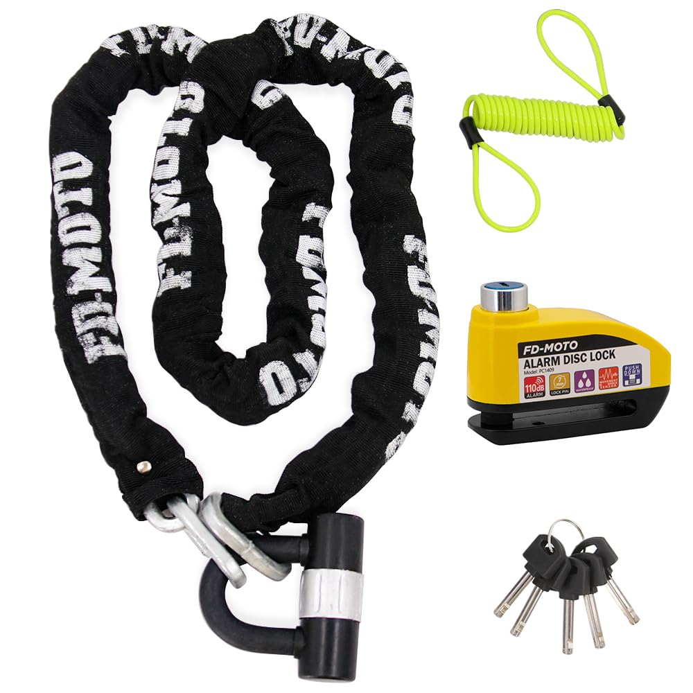 Fd-Moto Black&Yellow Black/Yellow Alarm Disc Lock & Reminder Cable & 1.8M*10Mm Steel Heavy Duty Motorbike Chain Lock
