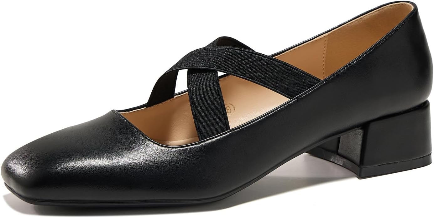 Women's Mary Jane Chunky Low Heels Crossed Elastic Strap Pumps Closed Square Toe Dress Shoes