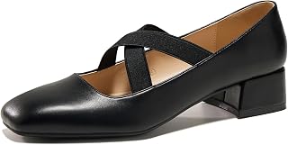 Women's Mary Jane Chunky Low Heels Crossed Elastic Strap Square Toe Pumps