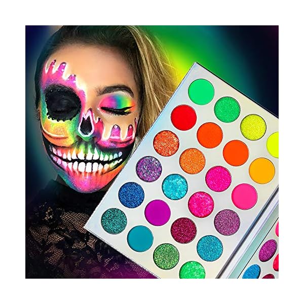 Afflano Neon Makeup Palette Eyeshadow, Glow in the Dark Neon Eyeshadow Palette Highly Pigmented, Neon Party UV Blacklight Eye Shadow Pallet, Red Orange Pink Pressed Glitter Eyes Makeup Palette