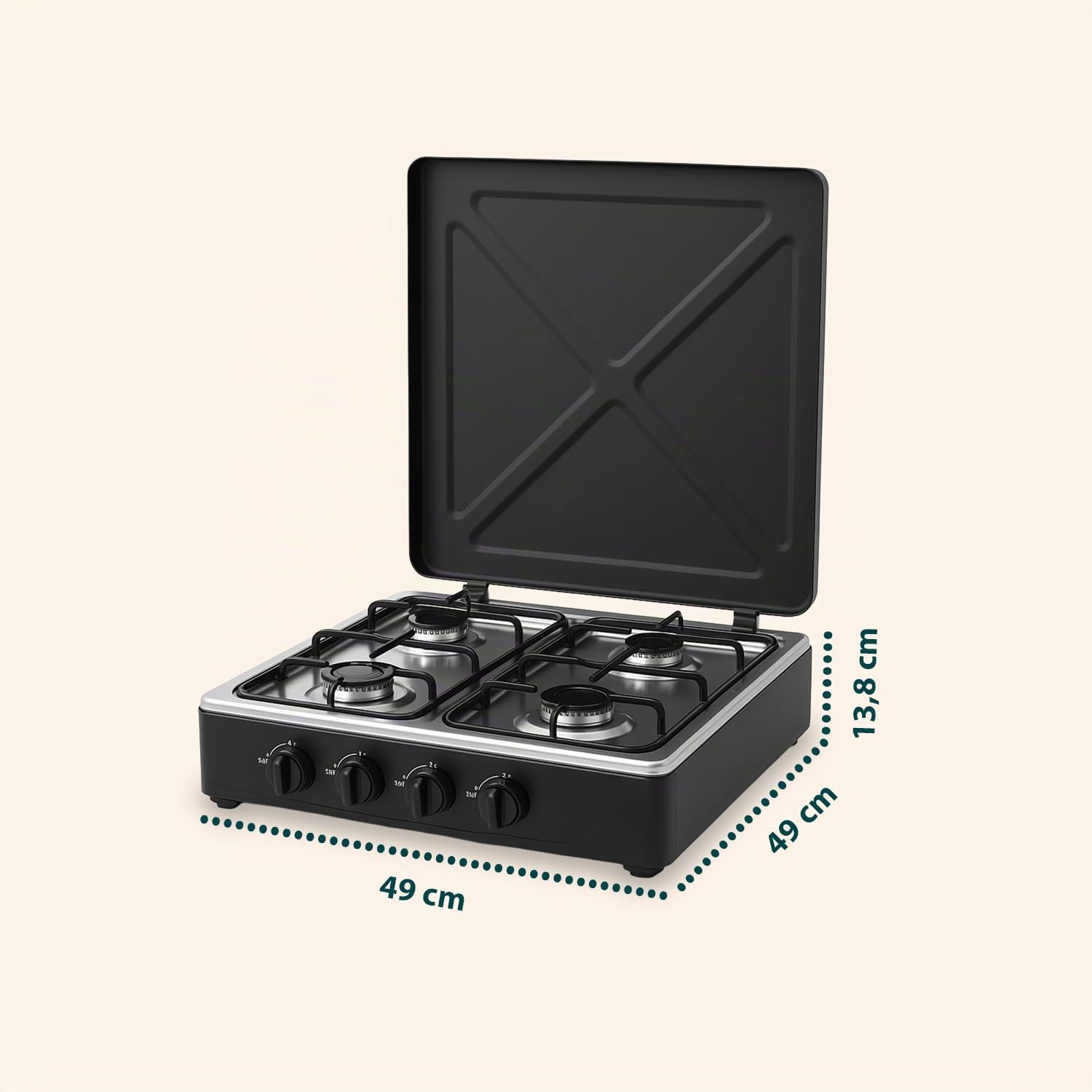 Avilia - Piano Cottura 4 Fuochi Gas Professionale con Griglia Rinforzata in Acciaio per Uso Interno ed Esterno, Facile da Usare, Ideale per Campeggio e Cucina Outdoor