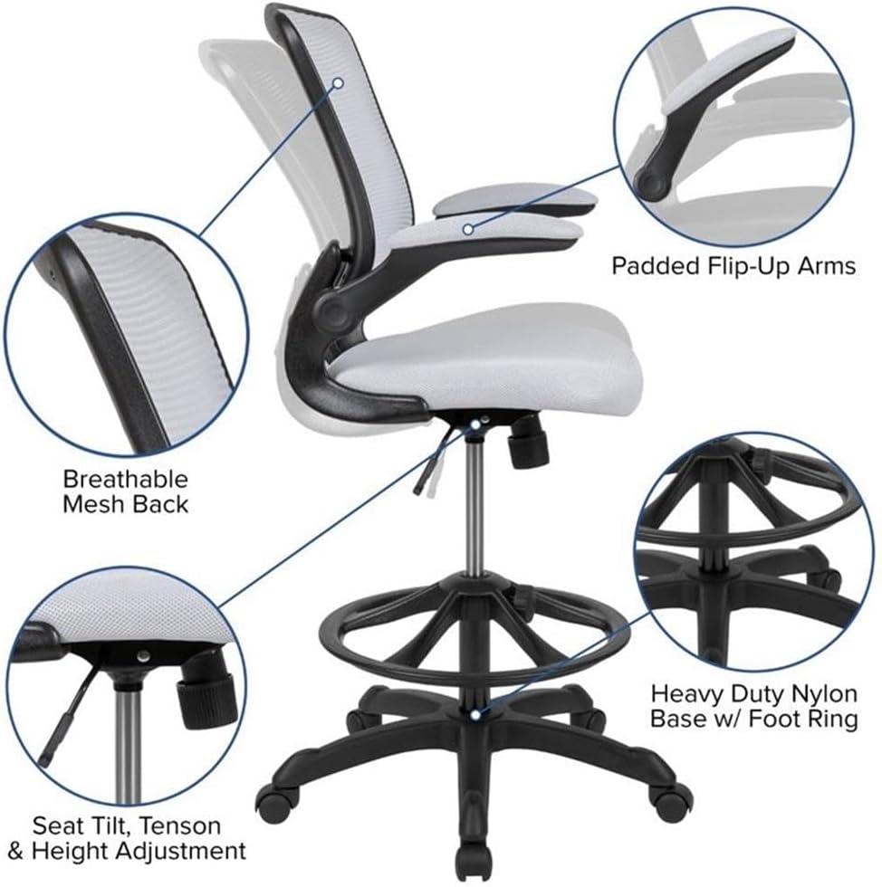 BOWERY HILL Contemporary Metal Mesh Drafting Stool, White Finish, Adjustable Height 42-49.5 in, Ergonomic Mid-Back Design with Lumbar Support, Flip-Up Arms, Foot Ring, Office or Studio Seating