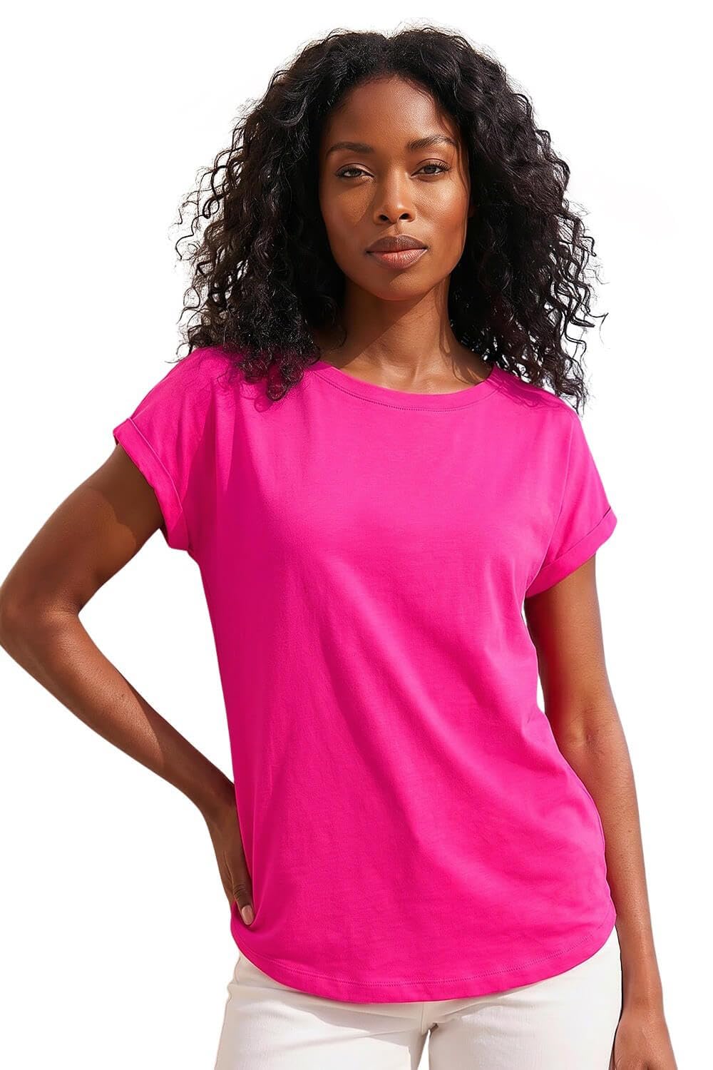 Roman Originals Women's Pink Roman Plain Stretch Cotton Jersey T-Shirt For Uk Spring Everyday Summer Holiday Round Neckline Comfy Short Sleeve Soft Woven Fabric Tee Daywear Vacation - Size 20