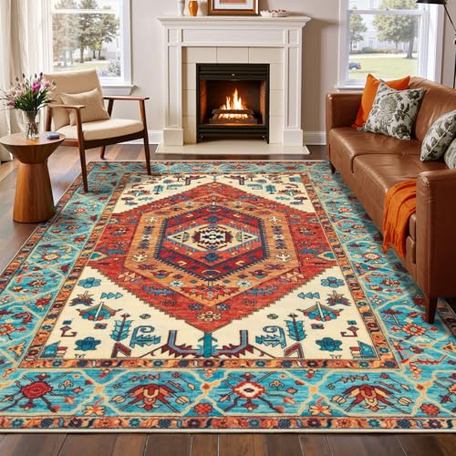 SERISSA Washable Rugs 6x9 Boho Area Rugs, Large Non-Slip Living Room Rug, Ultra Soft Vintage Oriental Tribal Farmhouse Orange Carpet for Dining Room Bedroom Dorm Office Home Decor