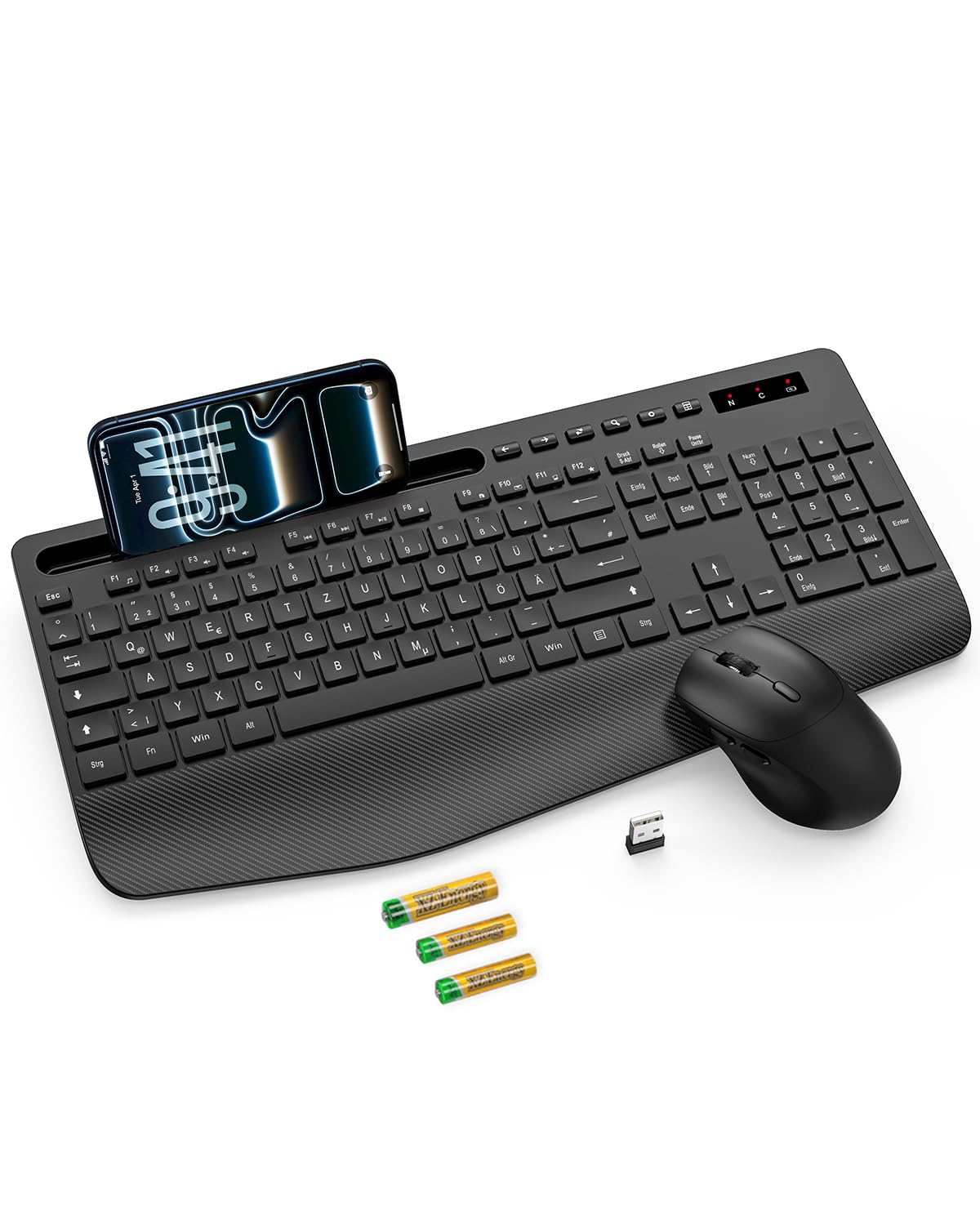 Tastatur Maus Set kabellos, 2.4G keine Latenz Ergonomische Tastatur kabellos Set, Handballenauflage, Telefonhalter, Akku im Lieferumfang enthalten, Leise Maus und Tastatur für Laptop, PC, Windows-Rosa