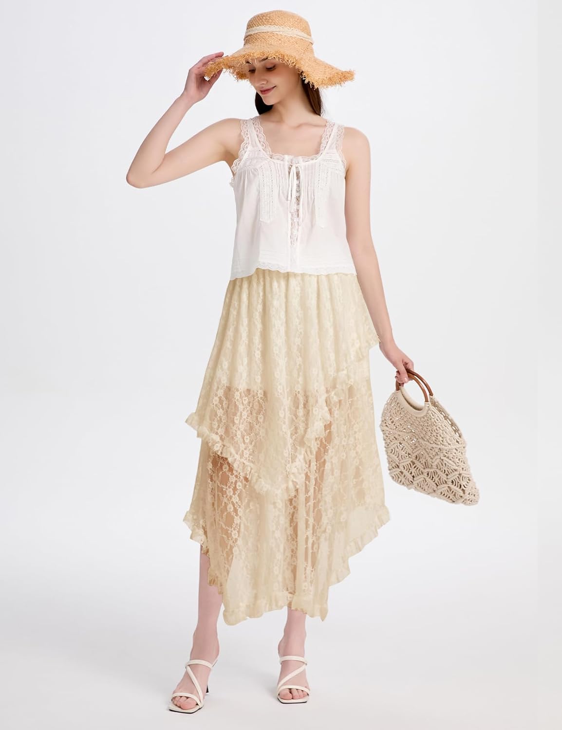 ROJZR Womens Lace Long Skirts Elastic High Low Asymmetrical Layered Hem Sexy See-Through Maxi Skirts Sheer Flowy Beach - Image 7