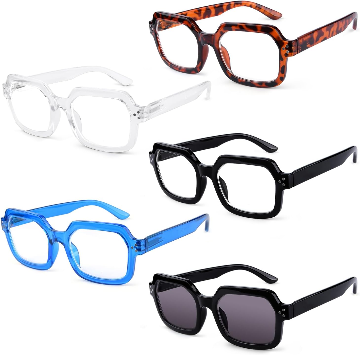 5-pack Reading Glasses for Women Square Readers Large Frame