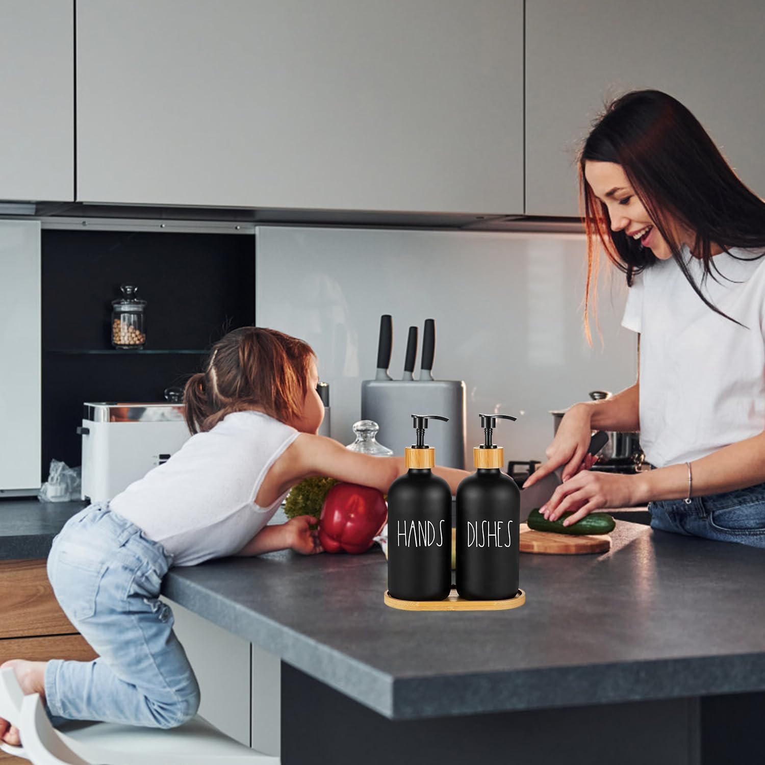 Arktek Glass Soap Dispenser Set with Tray, 2 Pack Hand and Dish Soap Dispenser Set for Bathroom and Kitchen Bottle Dispenser with Dish Soap, Hand Soap, Lotion 17 Oz (2 Black) - Image 8