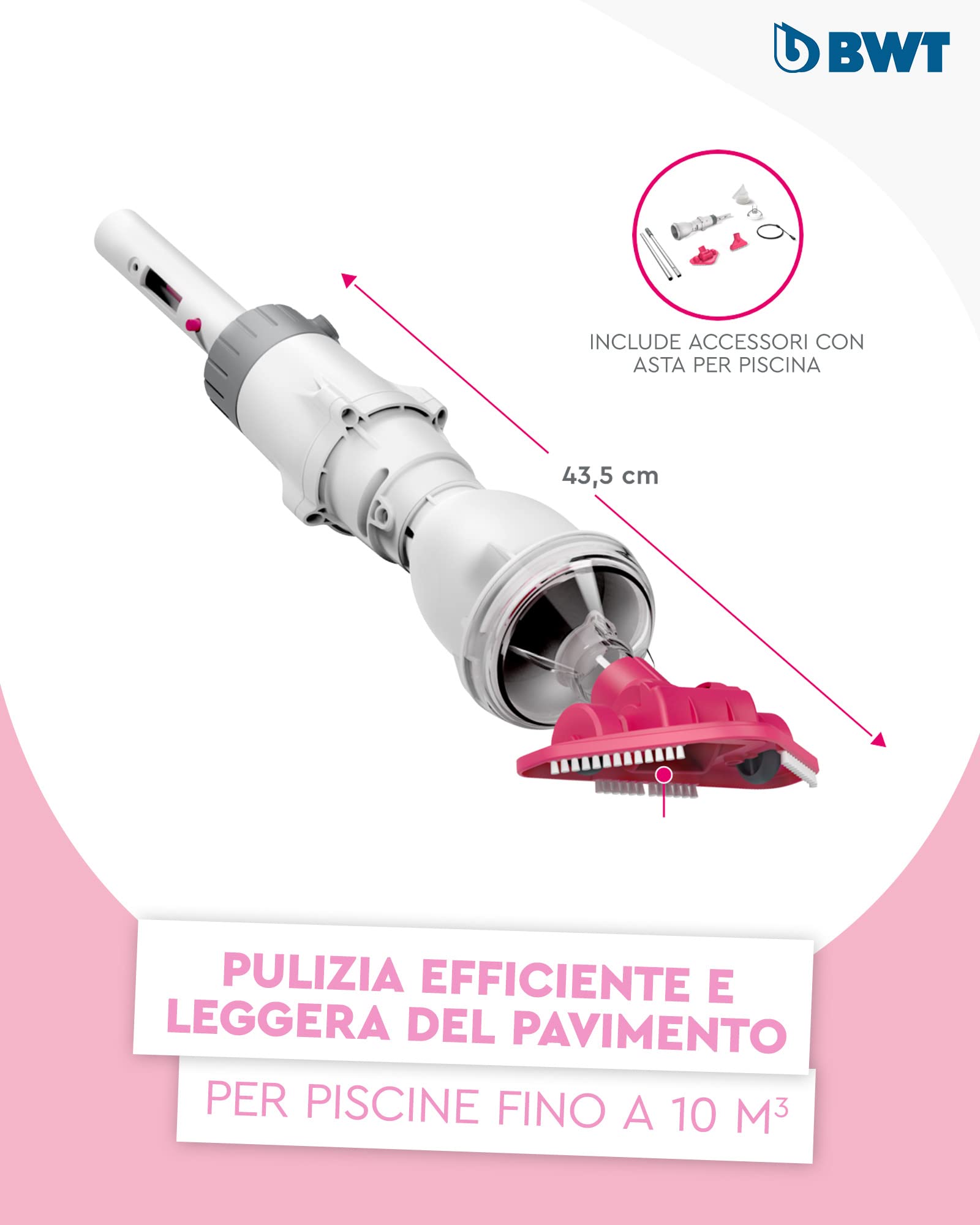 BWT Aspiratore per piscine BC02 | Pulizia efficiente di piscine fino a 10 m³ | Funzionamento a batteria con massima libertà di movimento | Forte potenza di aspirazione