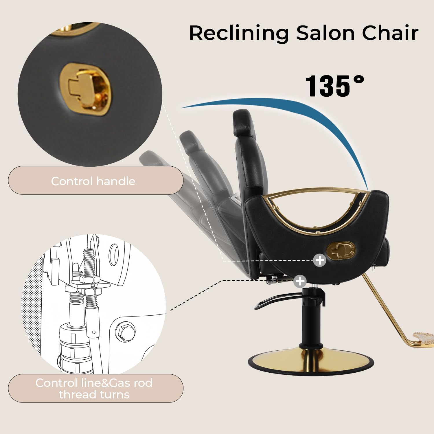 Hydraulic Barber Chair for Salon, Heavy Duty Reclining Styling Chair with Adjustable Headrest, 360° Swivel, Multi-Use for Hair Stylists, Spa & Tattoo Artists (Elegant Black Gold)
