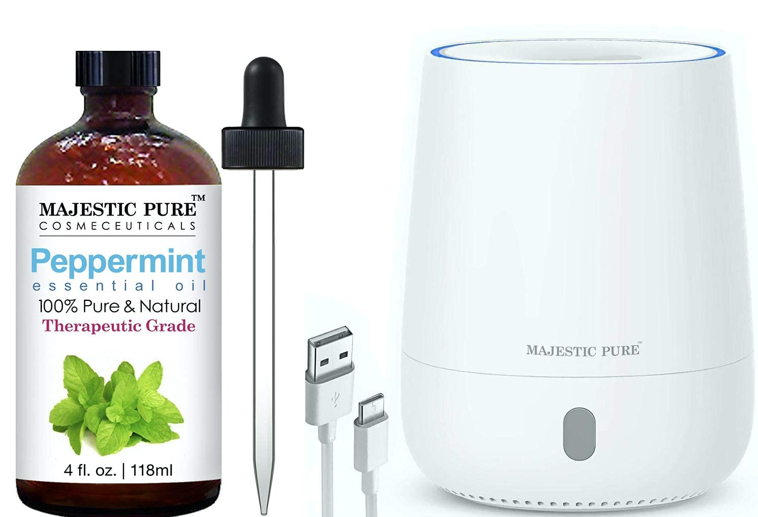 Majestic Pure Peppermint Essential Oil and USB Aromatherapy Diffuser Bundle – Peppermint Oil 4 fl oz, USB Diffuser 120ml