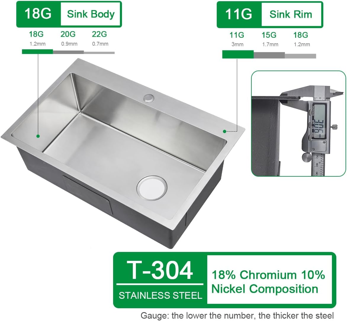 28x18x9 Inch Kitchen Sink Drop in, Handmade 304 Stainless Steel Single Bowl, Centre-Offset Drain, R10 Tight Corner, Topmount Kitchen Sink with Strainer & Bottom Grid