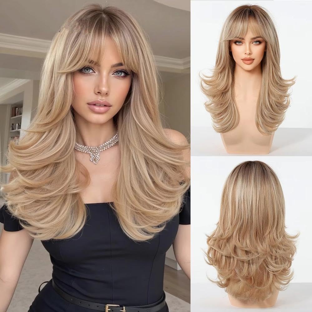 Haarpflege Hellbraune Geschichtete Wellenperücken Im Ombré-Stil Mit Pony Für Frauen Hitzebeständig Für Den Täglichen Gebrauch Natürliche Cosplay-Party-Haare Perücke(7)