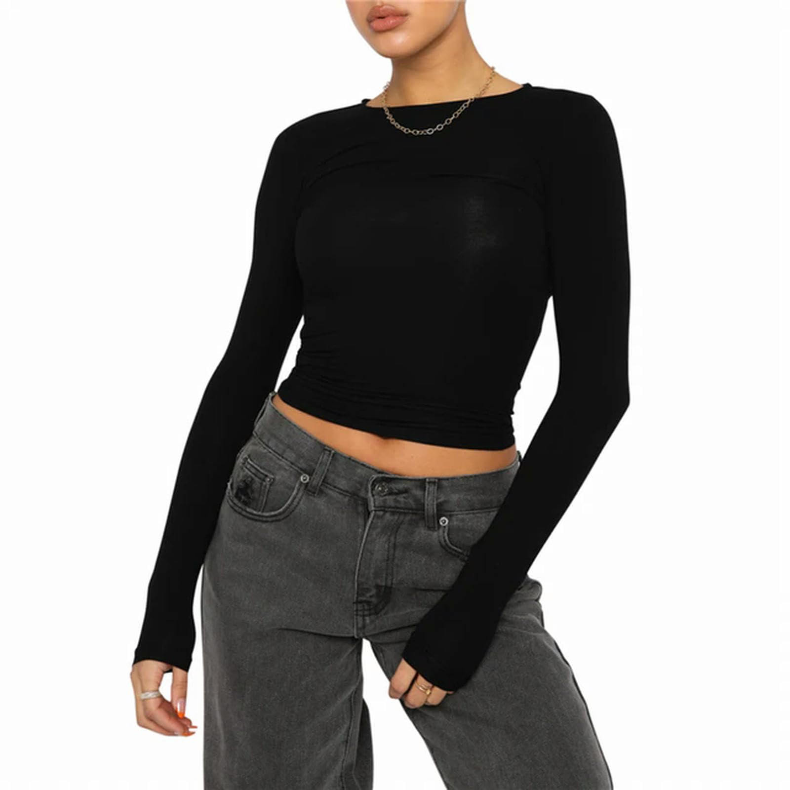 T-shirt à manches longues femme col rond coupe courte esprit streetwear