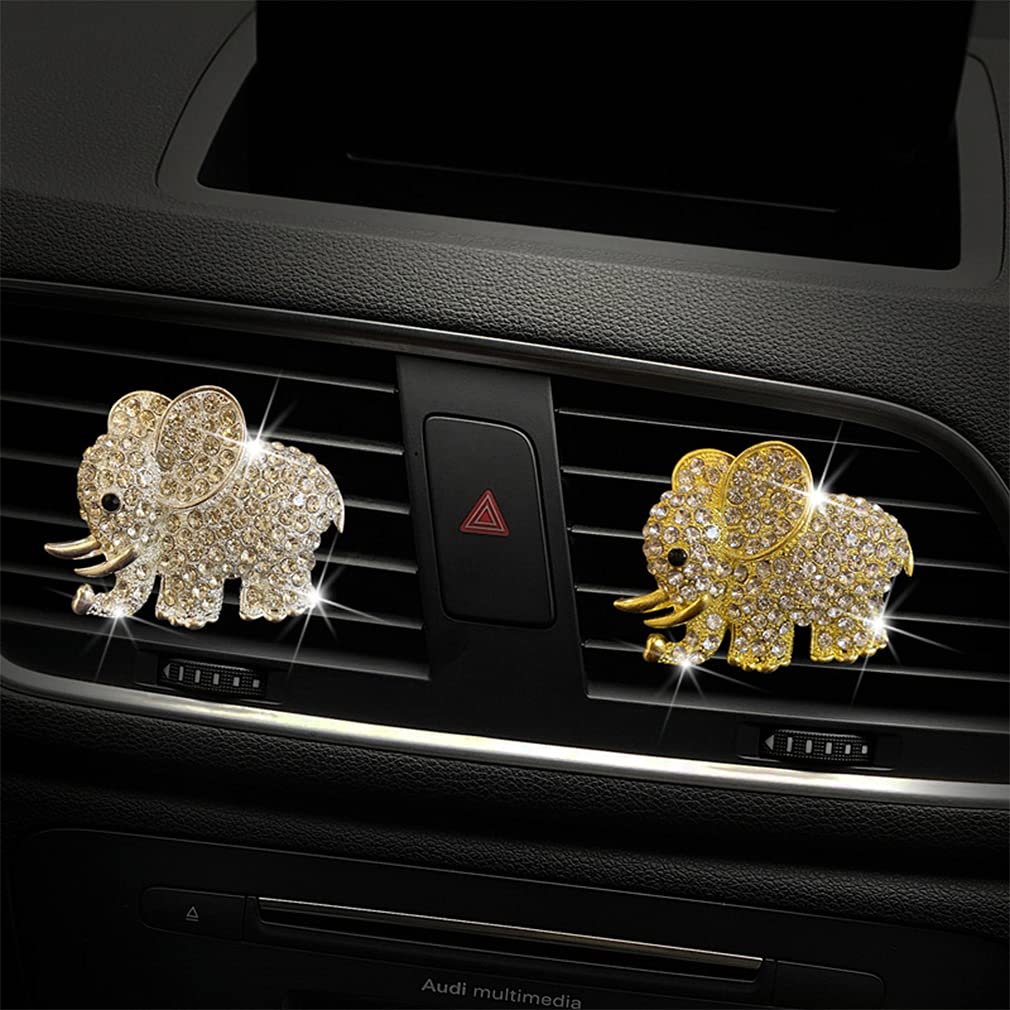 2 Pieces(Gold&Silver Elephant) Car Air Vent Clips Elephant Car Air Conditioning Freshener Clip Rhinestone Elephant Air Vent Decorations withWomen Fashion Car Decorations Gift