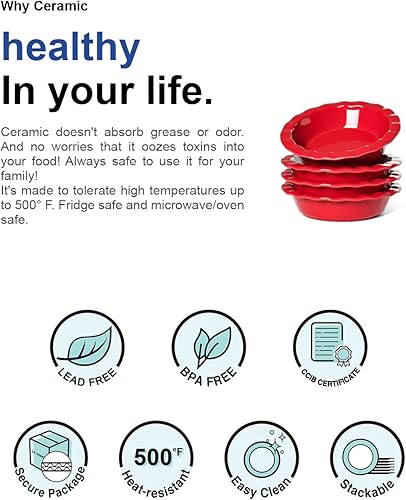 Miniatura 8 de LE TAUCI Mini moldes para tartas de cerámica de 6.5 pulgadas, moldes para pastel de 12 onzas, pastel individual de pollo, cuencos con borde con