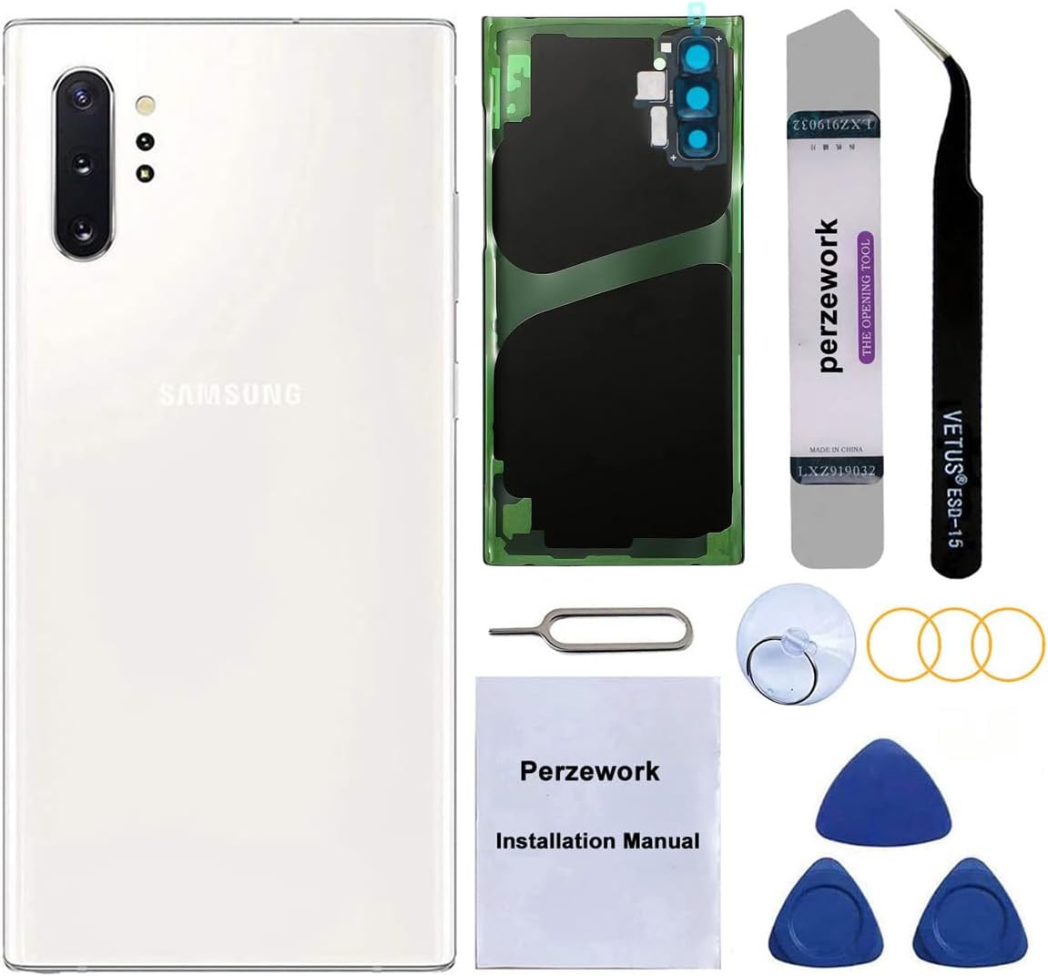 Rear Back Glass Replacement for Samsung Galaxy Note 10+ Plus 6.8-inches 5G with Reparing Toolkit and Installed Adhesive (Aura White)