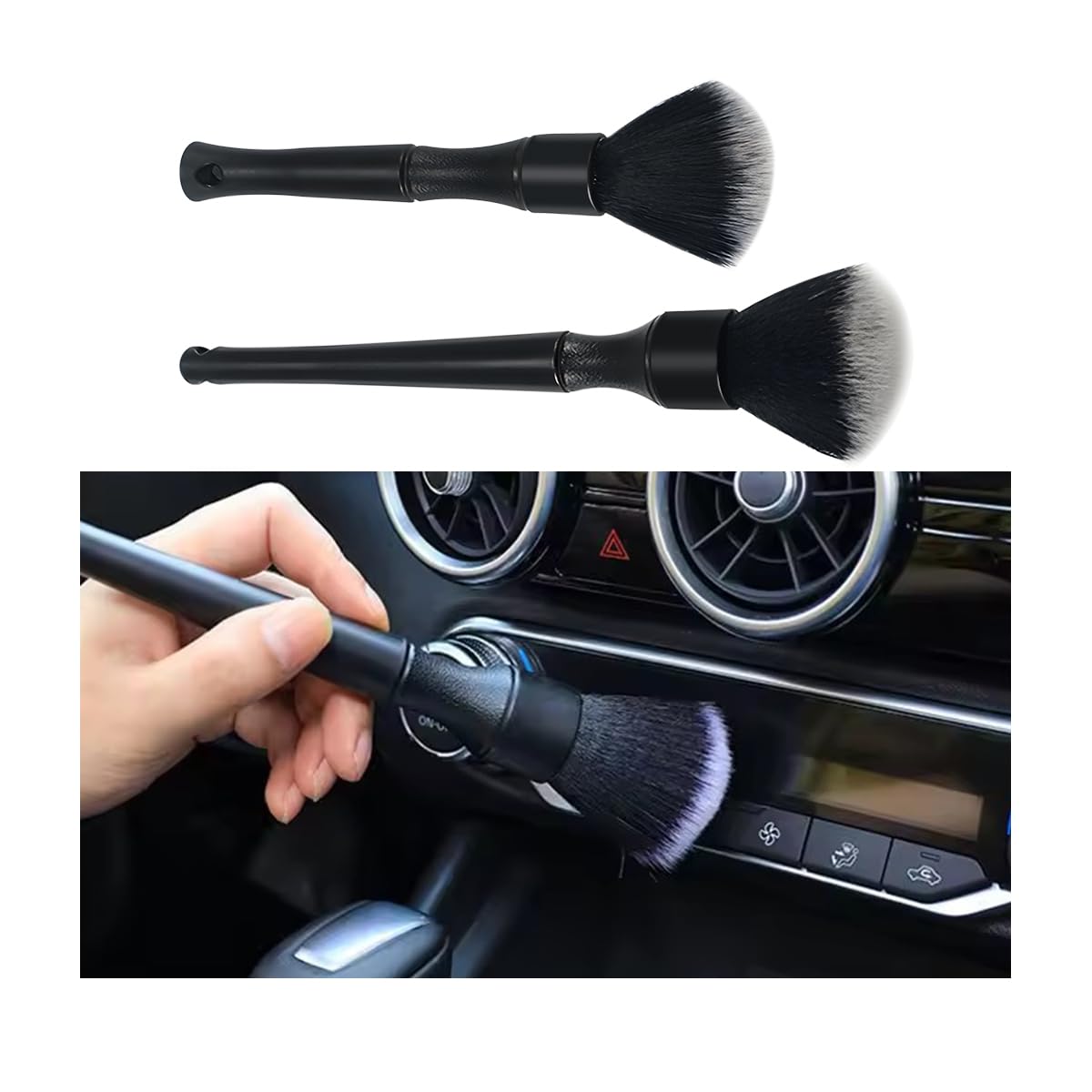 2PCS Car Interior Detaling Dust Brush, Soft Auto Bristles Cleaning Brush Dusting Tool, Mini Scratch-Free Vehicle Duster Sweeping Kit, Universal for Cars, SUVs, RVs, and More（Black/Long+Short）