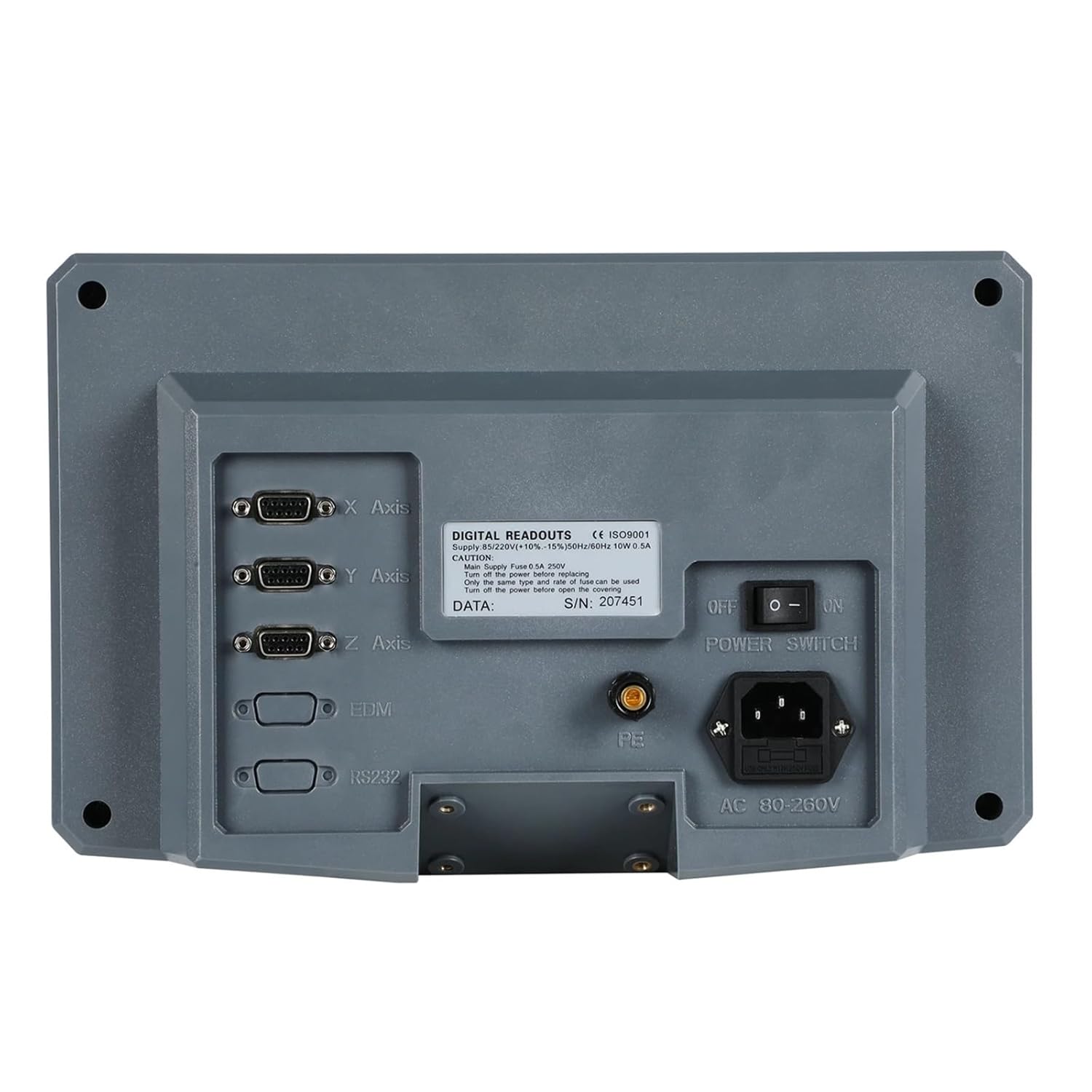 Back view of NQODRNDQ HS800-3 DRO display unit with connection ports