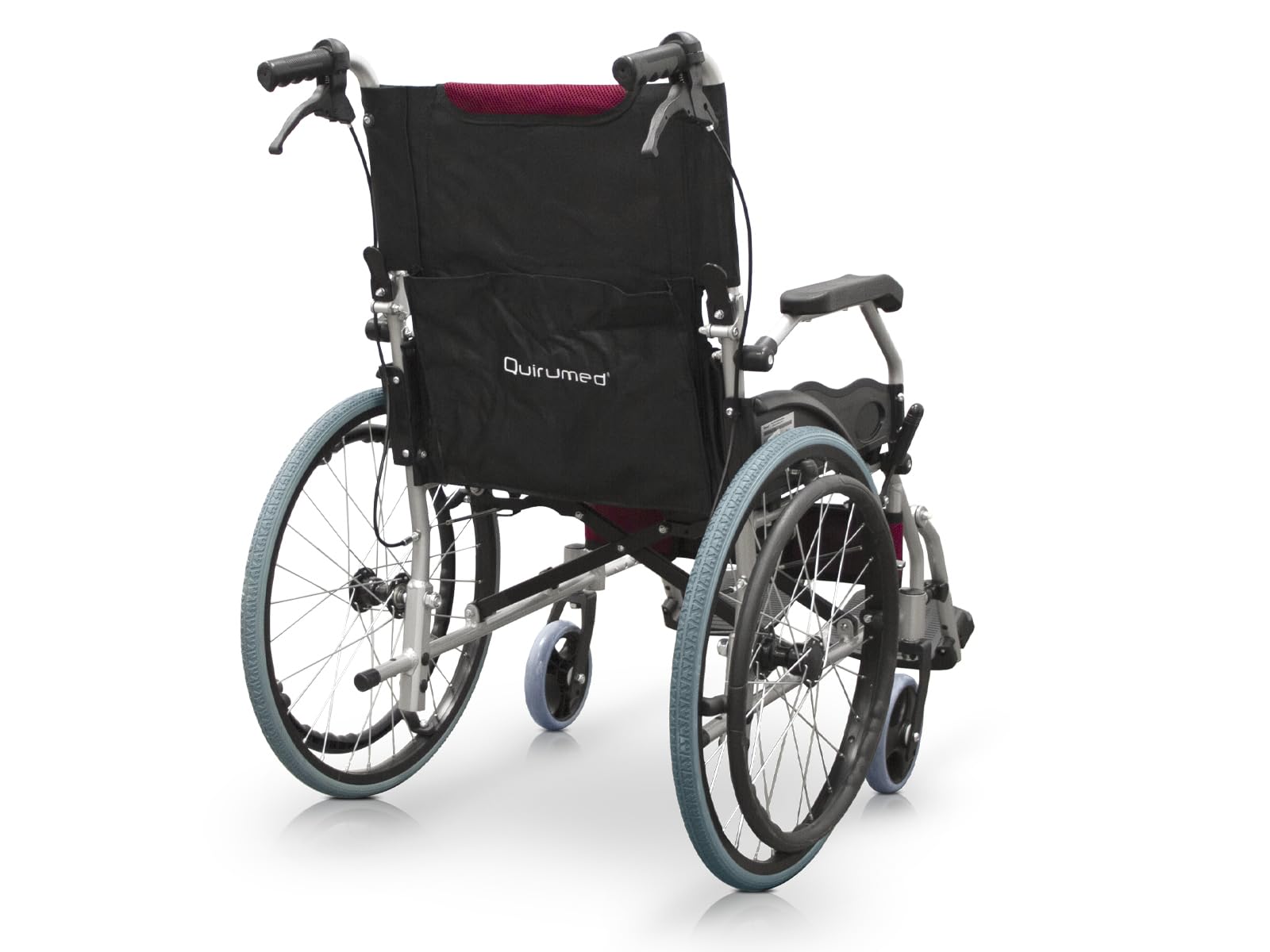 QUIRUMED - Silla de ruedas plegable PRO LIGHT de aluminio | Fácil de manejar y plegar | Reposabrazos fijos, Reposapiés abatibles | Frenos manuales, Negro y Rojo, Aluminio