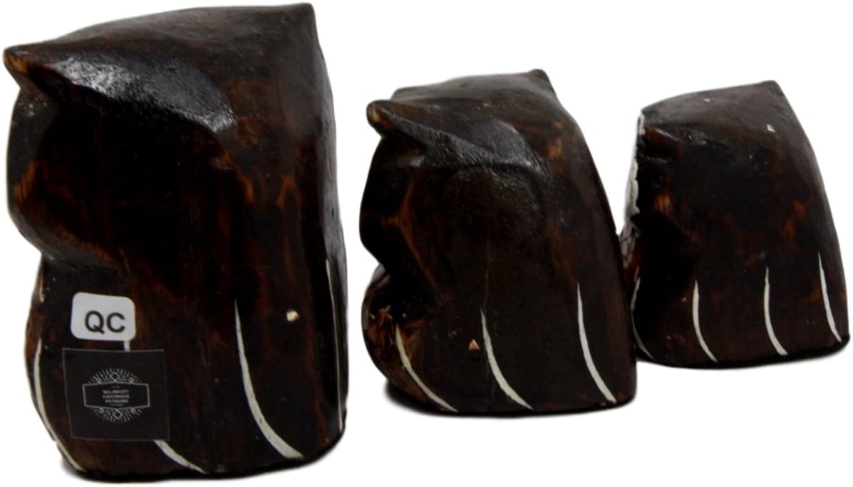 BALIKRAFT Hand Made Wood Artisans Burung Hantu Small Forest Owl Family Set of 3 Decorative Figurines 3.5" H