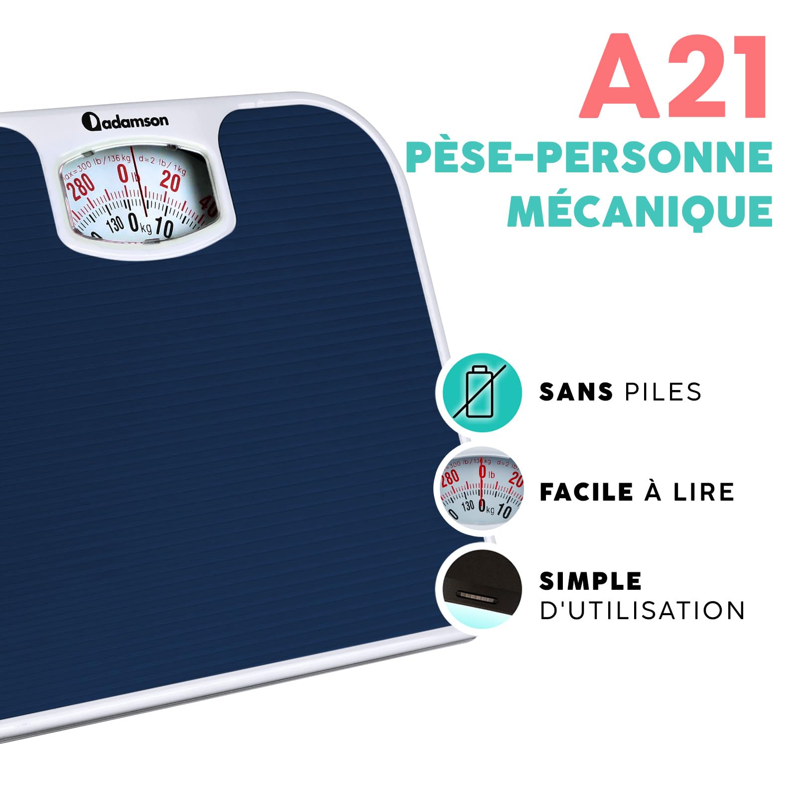 Adamson A21 Personenwaage Analog – bis zu 136 kg – Neu – Rutschfeste Gummioberfläche - Große Zahlen – Körperwaage Analog – Erschwinglich – Langlebig mit 20 Jahren Garantie - Blau