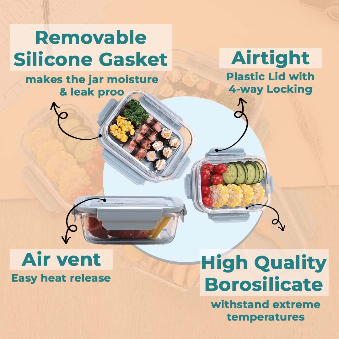 The Better Home Juego de recipientes herméticos de vidrio para almacenamiento de alimentos (1040 ml, 680 ml, 410 ml), a prueba de fugas, lonchera hermética para oficina, nevera y escuela, vidrio de