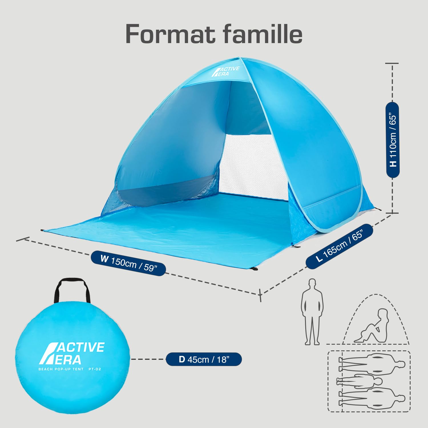 Active Era Tente de Plage Pop Up Déployable, Protection Solaire UV UPF 50+, Abri de Plage Anti UV 2-3 Personnes, avec Sac de Transport et Piquets - Bleu