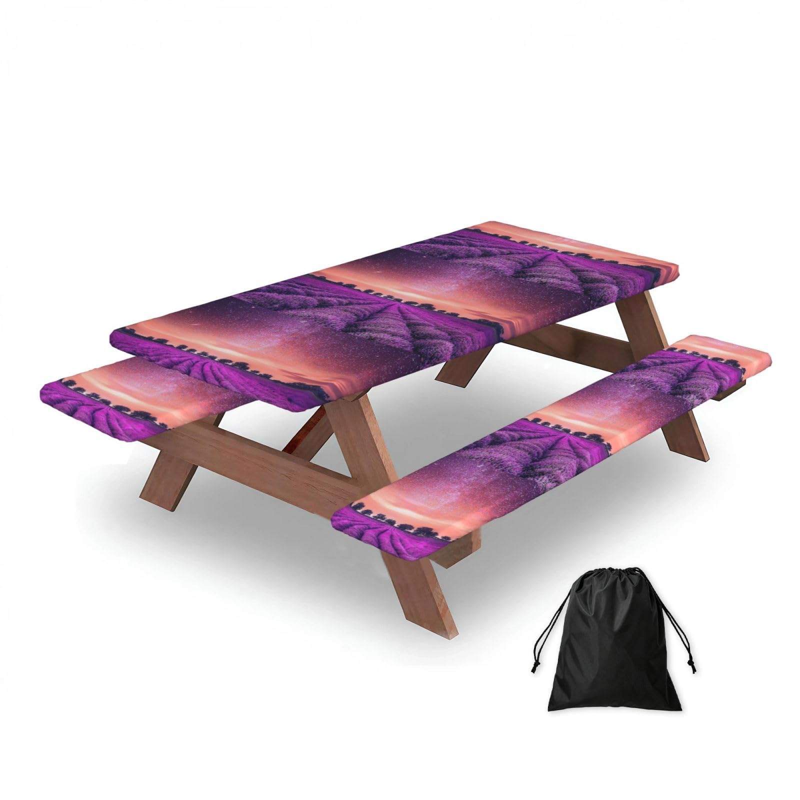 Dopklna As Picture Lavender Fields, Picnic Table Cover With Bench Covers -Waterproof Elastic Fitted Tablecloth For Garden Camping Patio 76X152cm