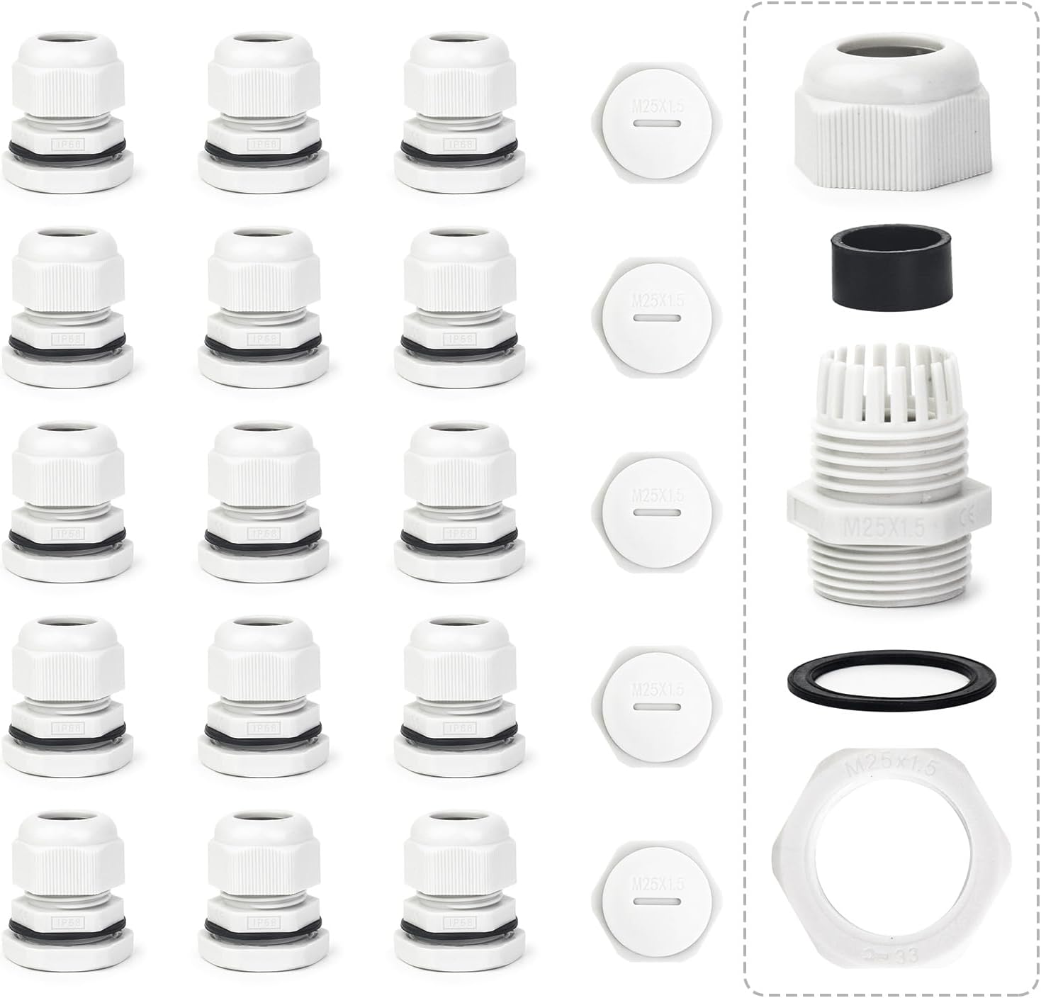 CYZBL 15 Adjustable Cable Glands Set, Waterproof Nylon Cable Glands, Plastic Nylon Cable Conduit with Gasket and 5 Hole Cover Caps, Grey Cable Glands Joints for 10-14mm Various Cable Connections
