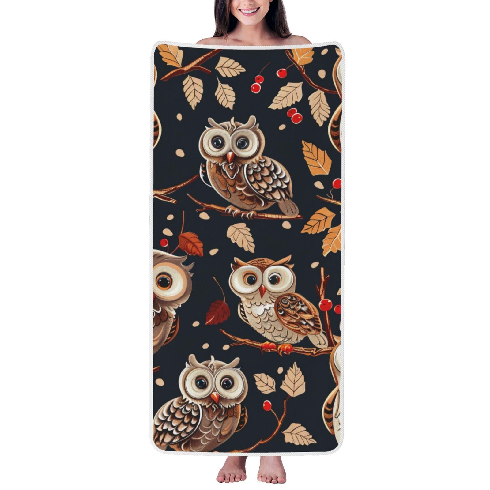 WPKJU Owls on Tree Branche Printed Bath Towel with White Edging - 27x55 in Soft Extra Absorbent Coral Velvet Shower Towels for Bathroom