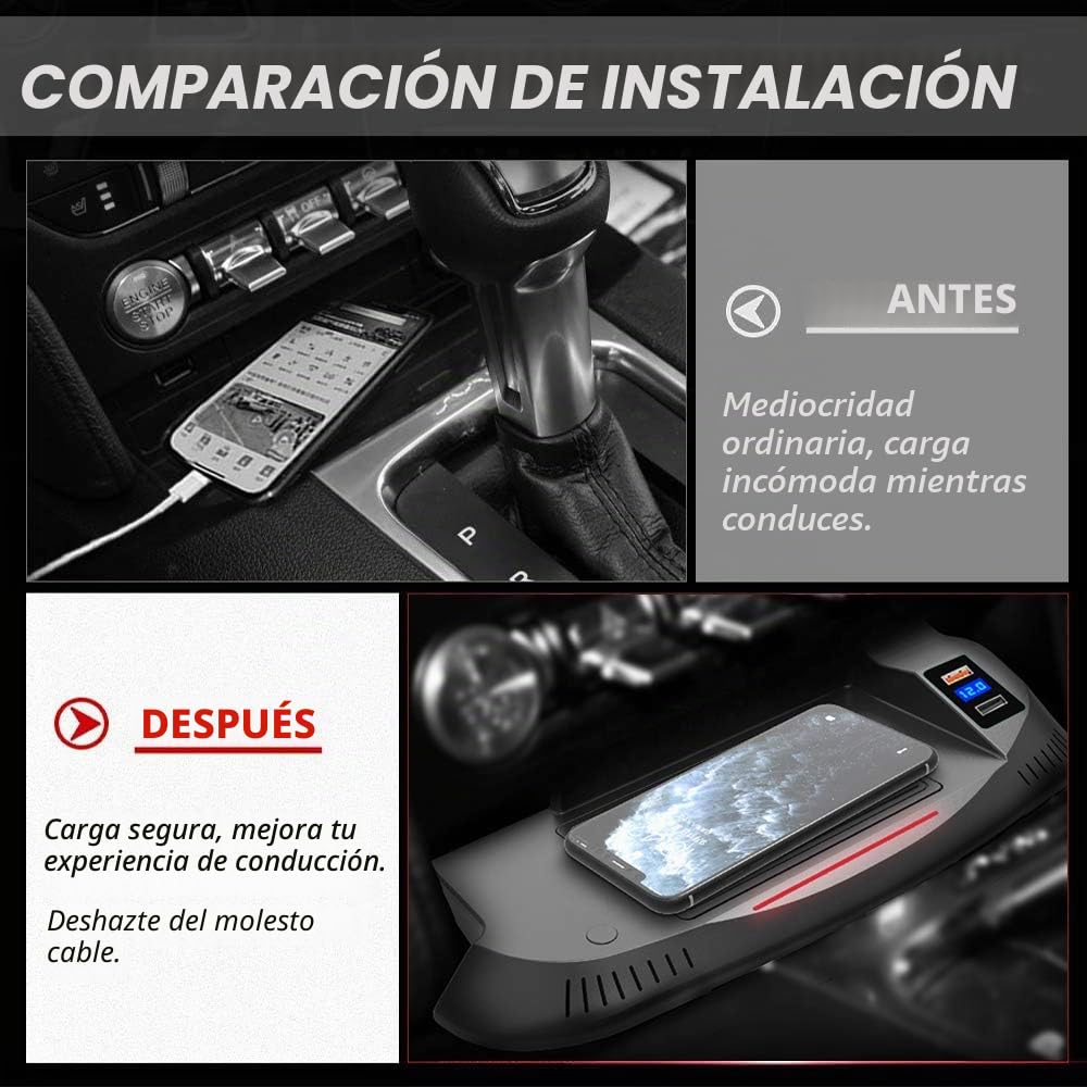 Cargador Inalámbrico Coche para Ford Mustang 2015 2016 2017 2018 2019 2020 Consola Central Accesorios Panel 15W Carga Rápida Auto Teléfono Cargador con QC3.0 USB Puerto para iPhone Samsung