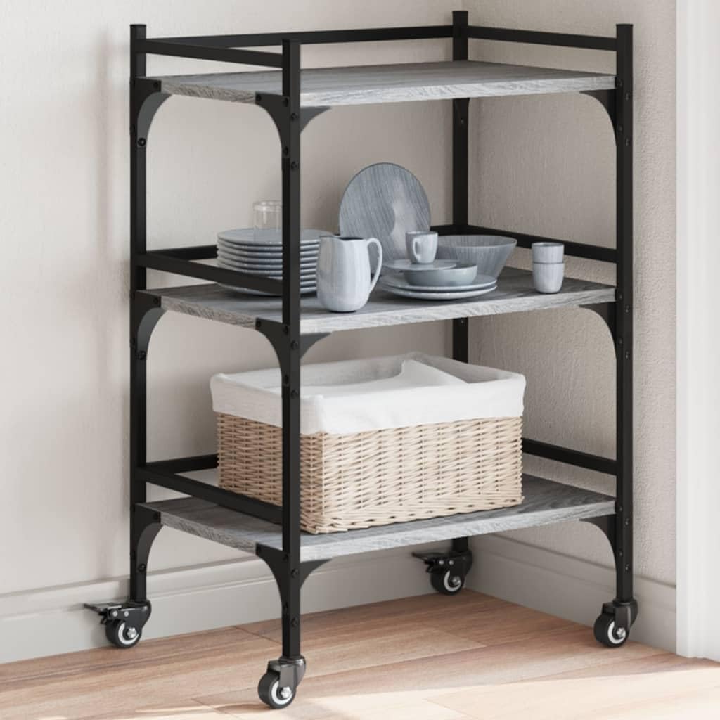 Carrello da cucina grigio Sonoma in legno con telaio in acciaio, 50 x 35 x 75,5 cm, carrello da portata con ruote e cassetto, carrello multiuso per cucina e sala da pranzo